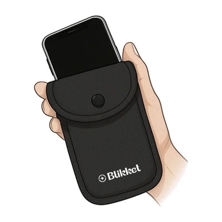 Ilustración: una mano guarda el celular dentro de la funda Blikket